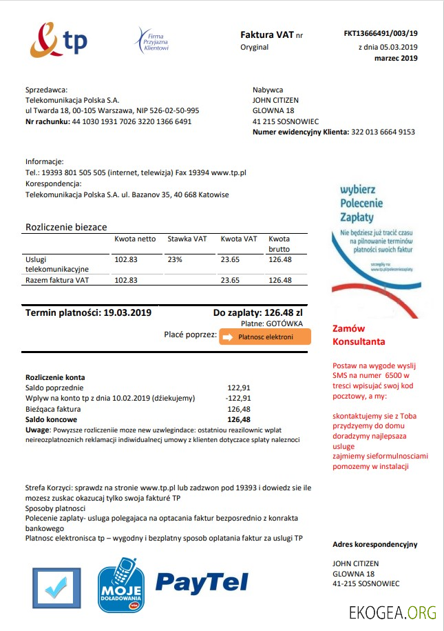 Poland TP utility bill template in Word and PDF format